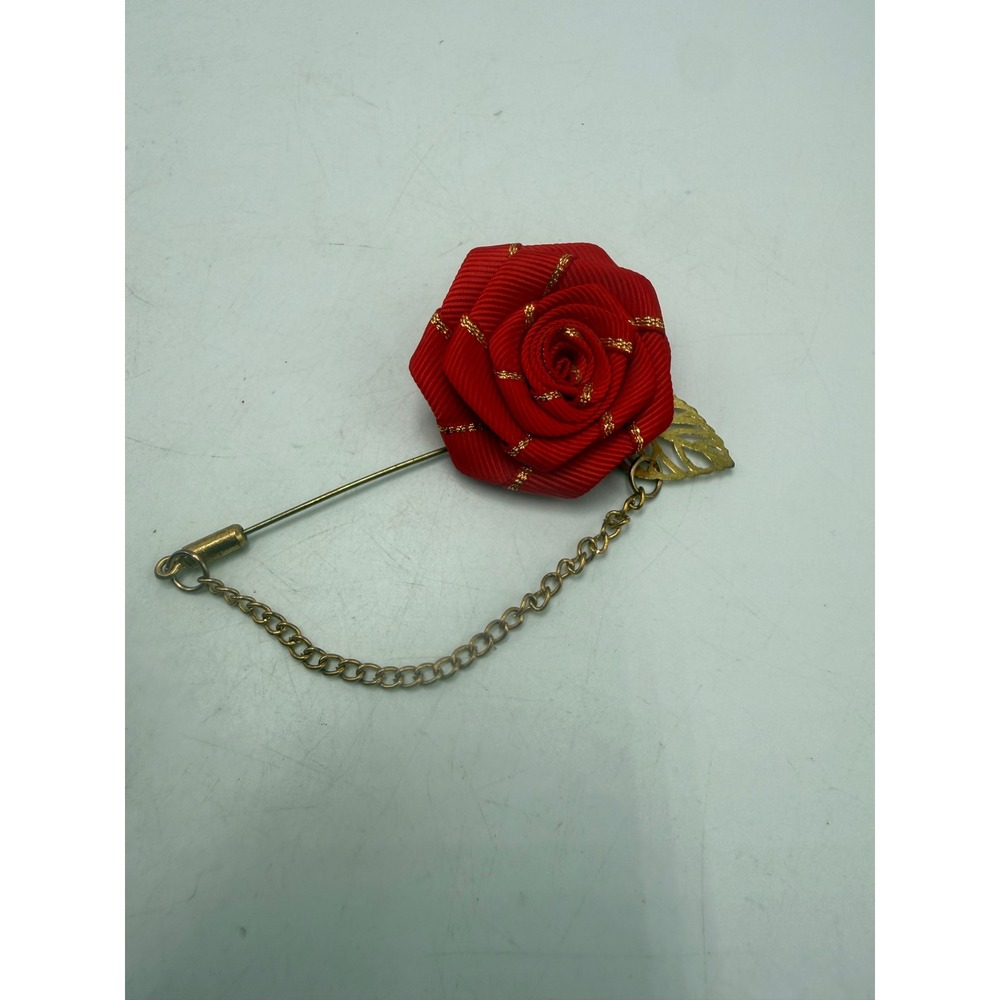 Vintage Red Ribbon Rose Stick Pin Gold Tone Leaf Accent Hat Lapel Brooch